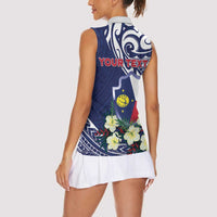Personalised Wake Island Women Sleeveless Polo Shirt Tribal Pattern With Hibiscus Flowers