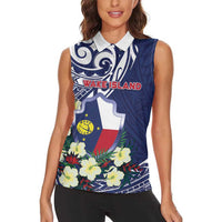 Personalised Wake Island Women Sleeveless Polo Shirt Tribal Pattern With Hibiscus Flowers