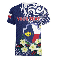 Personalised Wake Island Women V-Neck T-Shirt Tribal Pattern With Hibiscus Flowers