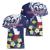 Personalised Wake Island Women V-Neck T-Shirt Tribal Pattern With Hibiscus Flowers