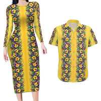 Aloha Hawaii Mardi Gras Couples Matching Long Sleeve Bodycon Dress and Hawaiian Shirt Gold Style