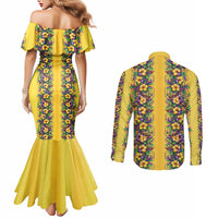 Aloha Hawaii Mardi Gras Couples Matching Mermaid Dress and Long Sleeve Button Shirt Gold Style