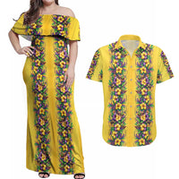 Aloha Hawaii Mardi Gras Couples Matching Off Shoulder Maxi Dress and Hawaiian Shirt Gold Style