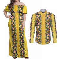 Aloha Hawaii Mardi Gras Couples Matching Off Shoulder Maxi Dress and Long Sleeve Button Shirt Gold Style