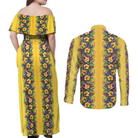 Aloha Hawaii Mardi Gras Couples Matching Off Shoulder Maxi Dress and Long Sleeve Button Shirt Gold Style