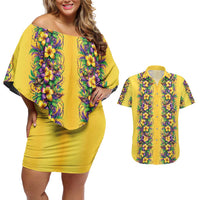 Aloha Hawaii Mardi Gras Couples Matching Off Shoulder Short Dress and Hawaiian Shirt Gold Style