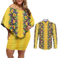 Aloha Hawaii Mardi Gras Couples Matching Off Shoulder Short Dress and Long Sleeve Button Shirt Gold Style