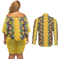 Aloha Hawaii Mardi Gras Couples Matching Off Shoulder Short Dress and Long Sleeve Button Shirt Gold Style