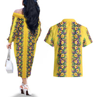 Aloha Hawaii Mardi Gras Couples Matching Off The Shoulder Long Sleeve Dress and Hawaiian Shirt Gold Style