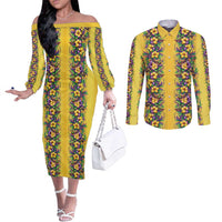 Aloha Hawaii Mardi Gras Couples Matching Off The Shoulder Long Sleeve Dress and Long Sleeve Button Shirt Gold Style