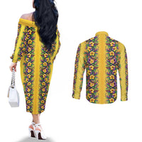 Aloha Hawaii Mardi Gras Couples Matching Off The Shoulder Long Sleeve Dress and Long Sleeve Button Shirt Gold Style
