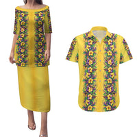 Aloha Hawaii Mardi Gras Couples Matching Puletasi and Hawaiian Shirt Gold Style