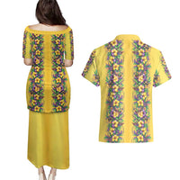 Aloha Hawaii Mardi Gras Couples Matching Puletasi and Hawaiian Shirt Gold Style