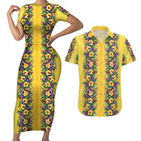 Aloha Hawaii Mardi Gras Couples Matching Short Sleeve Bodycon Dress and Hawaiian Shirt Gold Style