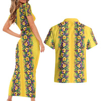 Aloha Hawaii Mardi Gras Couples Matching Short Sleeve Bodycon Dress and Hawaiian Shirt Gold Style