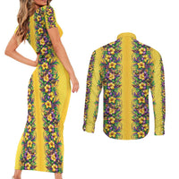 Aloha Hawaii Mardi Gras Couples Matching Short Sleeve Bodycon Dress and Long Sleeve Button Shirt Gold Style