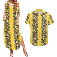 Aloha Hawaii Mardi Gras Couples Matching Summer Maxi Dress and Hawaiian Shirt Gold Style