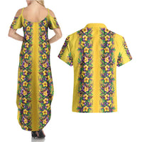 Aloha Hawaii Mardi Gras Couples Matching Summer Maxi Dress and Hawaiian Shirt Gold Style