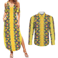 Aloha Hawaii Mardi Gras Couples Matching Summer Maxi Dress and Long Sleeve Button Shirt Gold Style