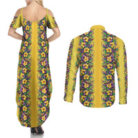 Aloha Hawaii Mardi Gras Couples Matching Summer Maxi Dress and Long Sleeve Button Shirt Gold Style
