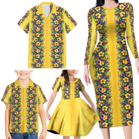 Aloha Hawaii Mardi Gras Family Matching Long Sleeve Bodycon Dress and Hawaiian Shirt Gold Style