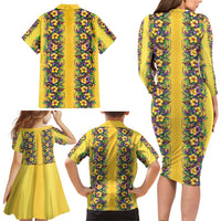 Aloha Hawaii Mardi Gras Family Matching Long Sleeve Bodycon Dress and Hawaiian Shirt Gold Style
