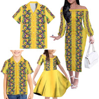 Aloha Hawaii Mardi Gras Family Matching Off The Shoulder Long Sleeve Dress and Hawaiian Shirt Gold Style