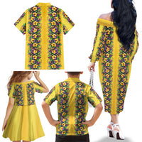 Aloha Hawaii Mardi Gras Family Matching Off The Shoulder Long Sleeve Dress and Hawaiian Shirt Gold Style
