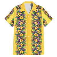 Aloha Hawaii Mardi Gras Family Matching Off The Shoulder Long Sleeve Dress and Hawaiian Shirt Gold Style