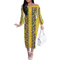 Aloha Hawaii Mardi Gras Family Matching Off The Shoulder Long Sleeve Dress and Hawaiian Shirt Gold Style