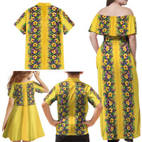 Aloha Hawaii Mardi Gras Family Matching Off Shoulder Maxi Dress and Hawaiian Shirt Gold Style