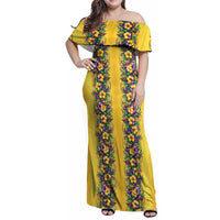 Aloha Hawaii Mardi Gras Family Matching Off Shoulder Maxi Dress and Hawaiian Shirt Gold Style