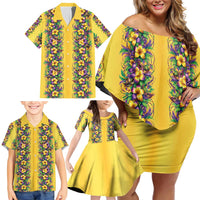 Aloha Hawaii Mardi Gras Family Matching Off Shoulder Short Dress and Hawaiian Shirt Gold Style