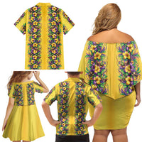 Aloha Hawaii Mardi Gras Family Matching Off Shoulder Short Dress and Hawaiian Shirt Gold Style