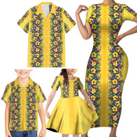 Aloha Hawaii Mardi Gras Family Matching Short Sleeve Bodycon Dress and Hawaiian Shirt Gold Style