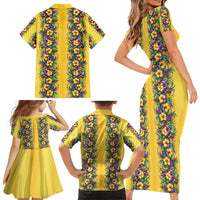 Aloha Hawaii Mardi Gras Family Matching Short Sleeve Bodycon Dress and Hawaiian Shirt Gold Style