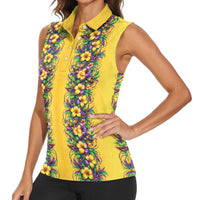 Aloha Hawaii Mardi Gras Women Sleeveless Polo Shirt Gold Style