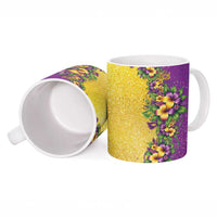 Hawaii Mardi Gras Ceramic Mug Plumeria Lei Beads Glitter Style