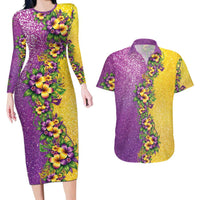 Hawaii Mardi Gras Couples Matching Long Sleeve Bodycon Dress and Hawaiian Shirt Plumeria Lei Beads Glitter Style