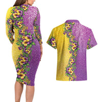 Hawaii Mardi Gras Couples Matching Long Sleeve Bodycon Dress and Hawaiian Shirt Plumeria Lei Beads Glitter Style