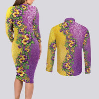 Hawaii Mardi Gras Couples Matching Long Sleeve Bodycon Dress and Long Sleeve Button Shirt Plumeria Lei Beads Glitter Style