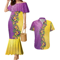 Hawaii Mardi Gras Couples Matching Mermaid Dress and Hawaiian Shirt Plumeria Lei Beads Glitter Style
