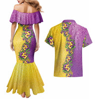 Hawaii Mardi Gras Couples Matching Mermaid Dress and Hawaiian Shirt Plumeria Lei Beads Glitter Style