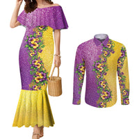 Hawaii Mardi Gras Couples Matching Mermaid Dress and Long Sleeve Button Shirt Plumeria Lei Beads Glitter Style