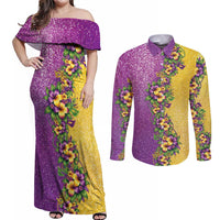 Hawaii Mardi Gras Couples Matching Off Shoulder Maxi Dress and Long Sleeve Button Shirt Plumeria Lei Beads Glitter Style