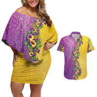 Hawaii Mardi Gras Couples Matching Off Shoulder Short Dress and Hawaiian Shirt Plumeria Lei Beads Glitter Style