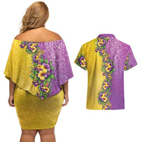 Hawaii Mardi Gras Couples Matching Off Shoulder Short Dress and Hawaiian Shirt Plumeria Lei Beads Glitter Style