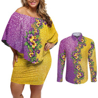 Hawaii Mardi Gras Couples Matching Off Shoulder Short Dress and Long Sleeve Button Shirt Plumeria Lei Beads Glitter Style