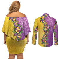 Hawaii Mardi Gras Couples Matching Off Shoulder Short Dress and Long Sleeve Button Shirt Plumeria Lei Beads Glitter Style