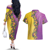 Hawaii Mardi Gras Couples Matching Off The Shoulder Long Sleeve Dress and Hawaiian Shirt Plumeria Lei Beads Glitter Style